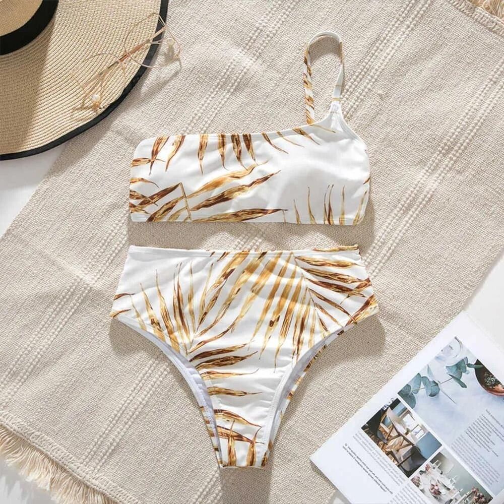 White & Gold Palm Print High-Waisted Bikini Set